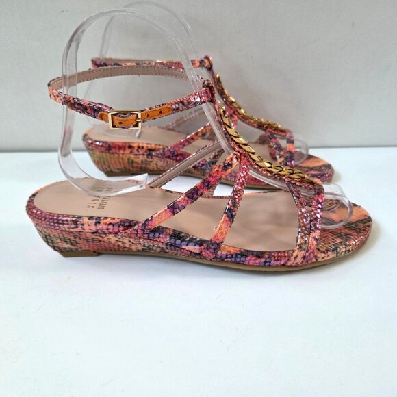 Stuart Weitzman Sandals 7 Pink Melon Tiffy Chain Trim Strappy Leather Wedge NEW - Picture 8 of 12